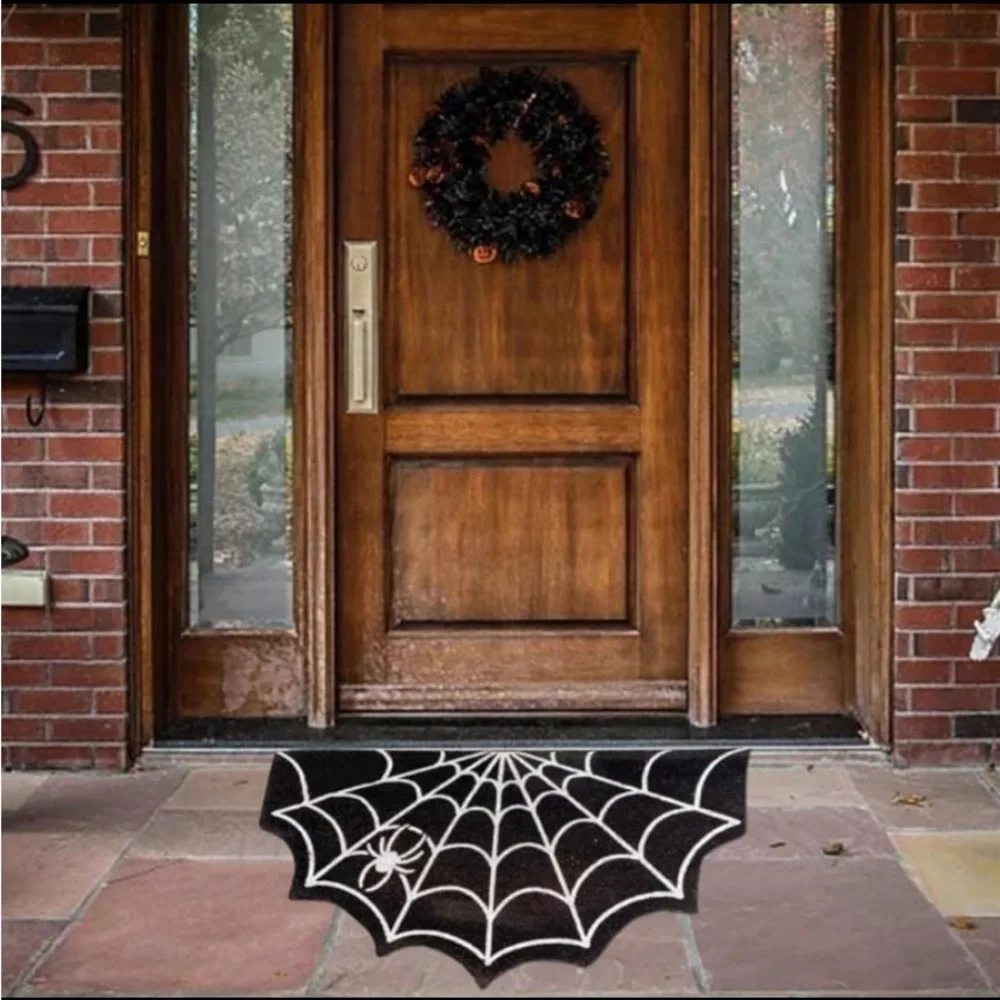 New! Gothic Decor Doormat / Rug Spider Web Design. Size: 20” x 31”. Black/White